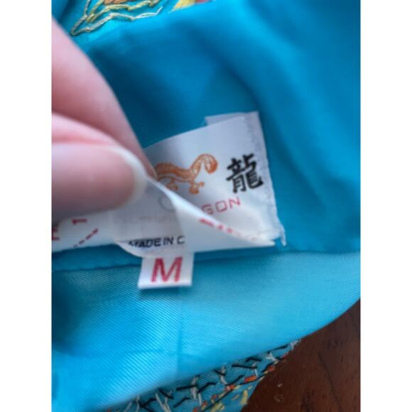 Vintage Golden Dragon Medium Hand Embroidered 100% Silk Chinese Kimono Robe Blue - Picture 6 of 13